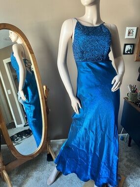 Betsy & Adam Royal Blue Sequin Bodice Satin Prom Dress